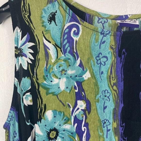 American Vintage 90's JM 100% Rayon Green Blue Beaded Floral Maxi Dress Size L - Picture 5 of 6